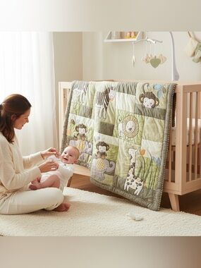 CoCalo Sage Green Crib Quilt Monkey Elephant Giraffe Safari Nursery Blanket Cozy